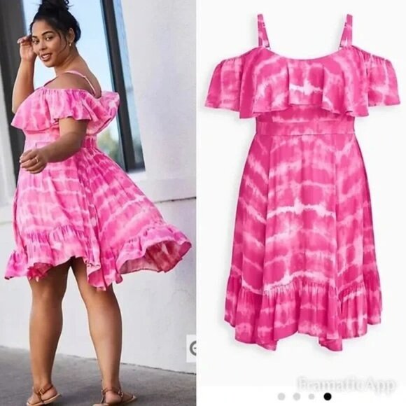 torrid Dresses & Skirts - TORRID Pink Tie Dye Cold Shoulder Dress Handkerchief Skater Dress Sz 0 (L) NWOT